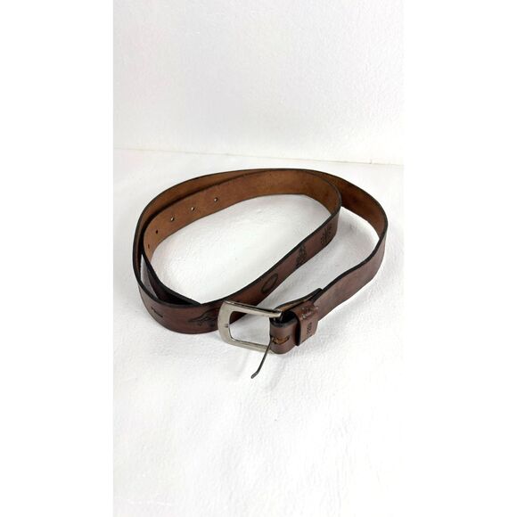 Other - Peru Belt Brown Leather Embossed Celestial Animal Motifs Silver Buckle 58"